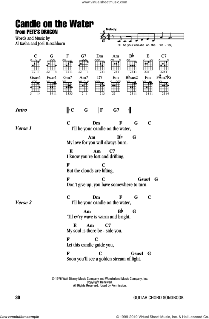 Candle On The Water (from Pete's Dragon) sheet music for guitar (chords) by Helen Reddy, Al Kasha and Joel Hirschhorn, intermediate skill level