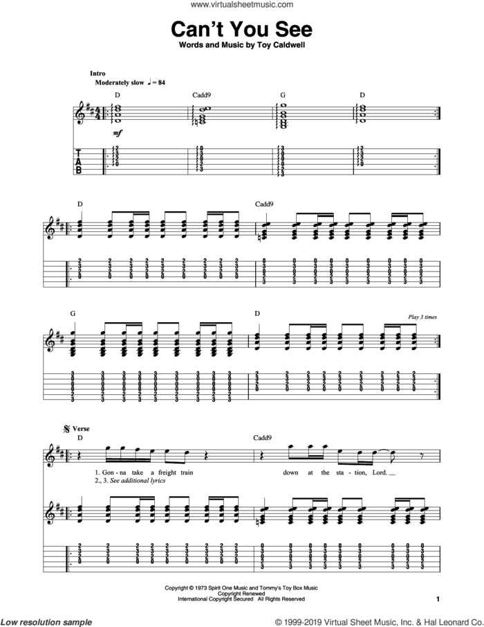 Can't You See sheet music for guitar (tablature, play-along) by Marshall Tucker Band and Toy Caldwell, intermediate skill level