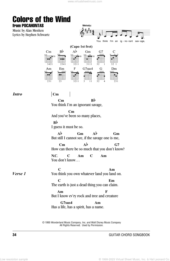 Colors Of The Wind (from Pocahontas) sheet music for guitar (chords) by Alan Menken & Stephen Schwartz, Alan Menken and Stephen Schwartz, intermediate skill level