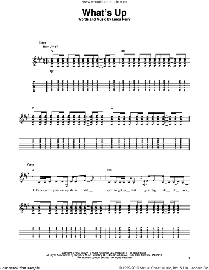 What's Up sheet music for guitar (tablature, play-along) by 4 Non Blondes and Linda Perry, intermediate skill level