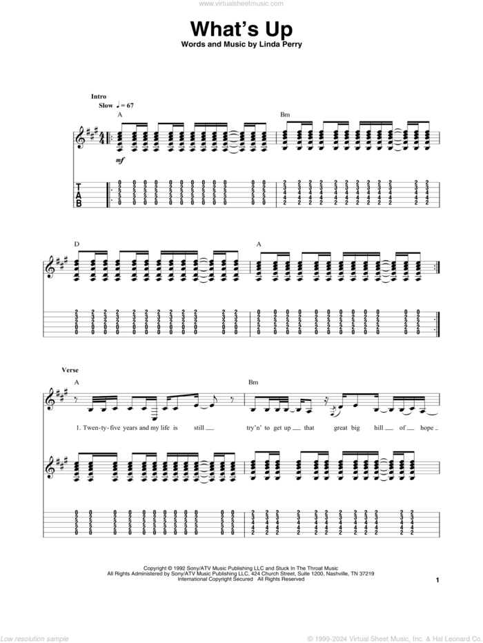 What's Up sheet music for guitar (tablature, play-along) by 4 Non Blondes and Linda Perry, intermediate skill level