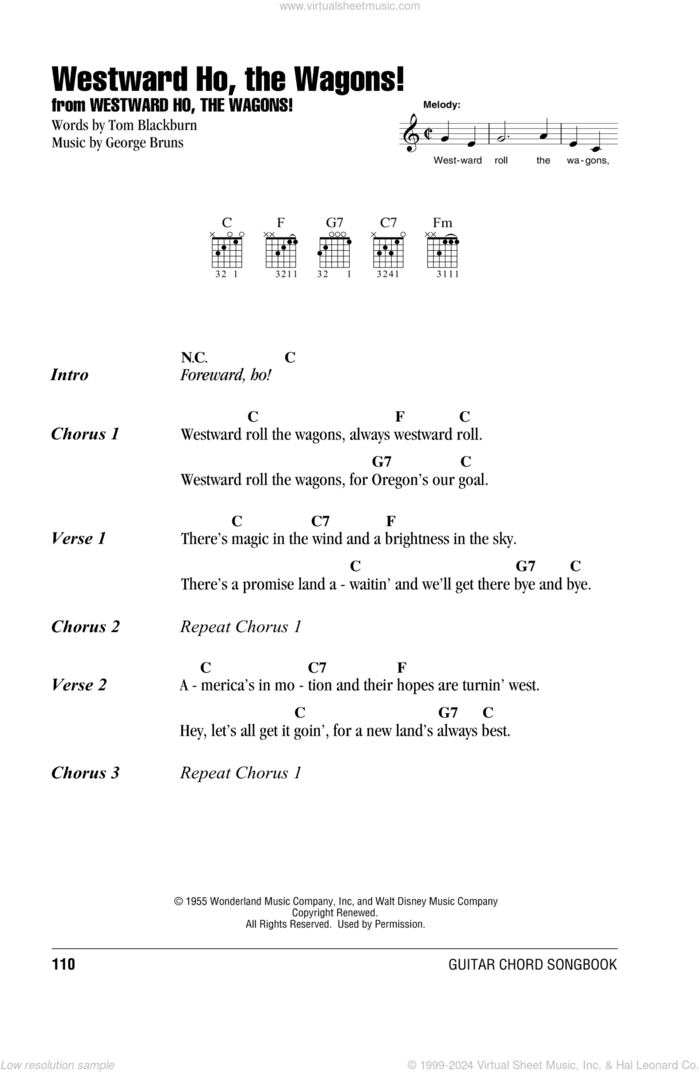 Westward Ho, The Wagons! sheet music for guitar (chords) by George Bruns and Tom Blackburn, intermediate skill level