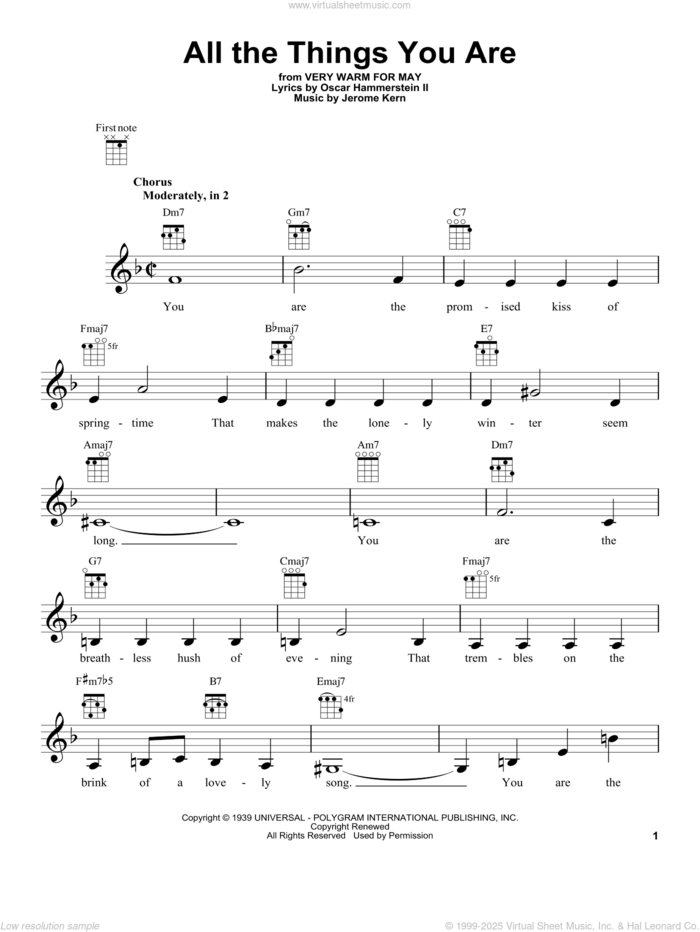 All The Things You Are sheet music for ukulele by Jerome Kern and Oscar II Hammerstein, intermediate skill level