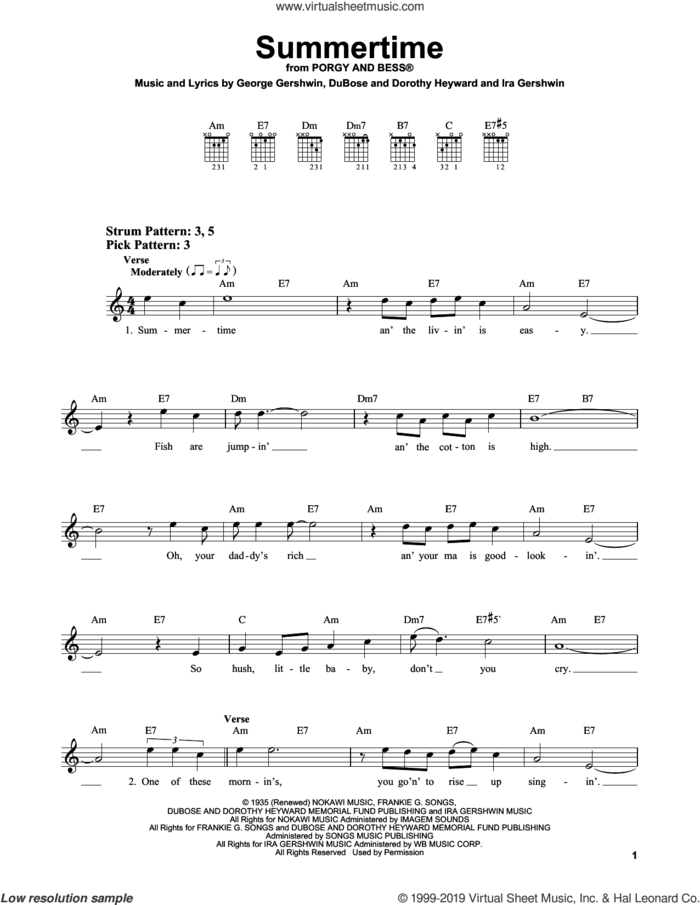 Summertime (from Porgy and Bess) sheet music for guitar solo (chords) by George Gershwin, Dorothy Heyward, DuBose Heyward and Ira Gershwin, easy guitar (chords)