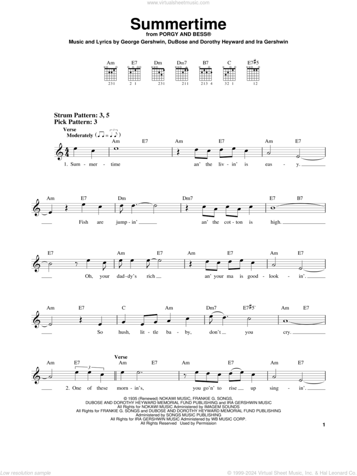 Summertime (from Porgy and Bess) sheet music for guitar solo (chords) by George Gershwin, Dorothy Heyward, DuBose Heyward and Ira Gershwin, easy guitar (chords)