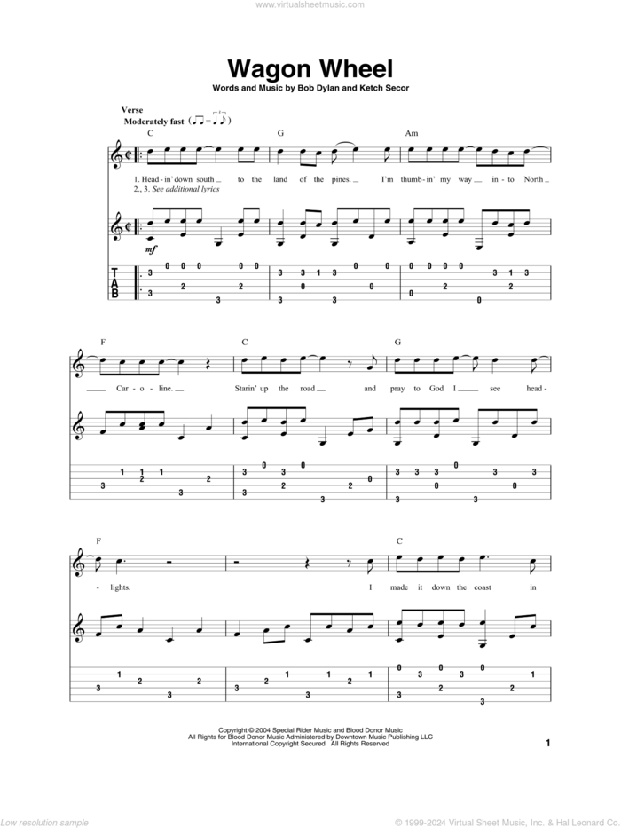 Wagon Wheel, (intermediate) sheet music for guitar solo by Old Crow Medicine Show, Bob Dylan and Ketch Secor, intermediate skill level