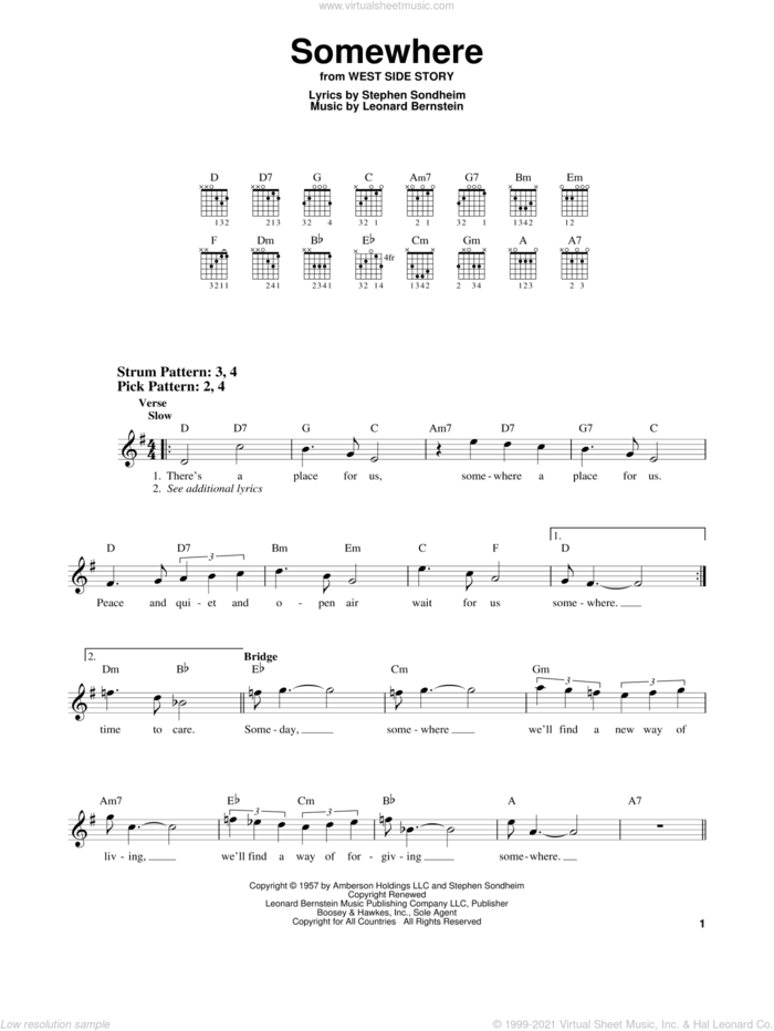 Somewhere (from West Side Story) sheet music for guitar solo (chords) by Leonard Bernstein and Stephen Sondheim, easy guitar (chords)