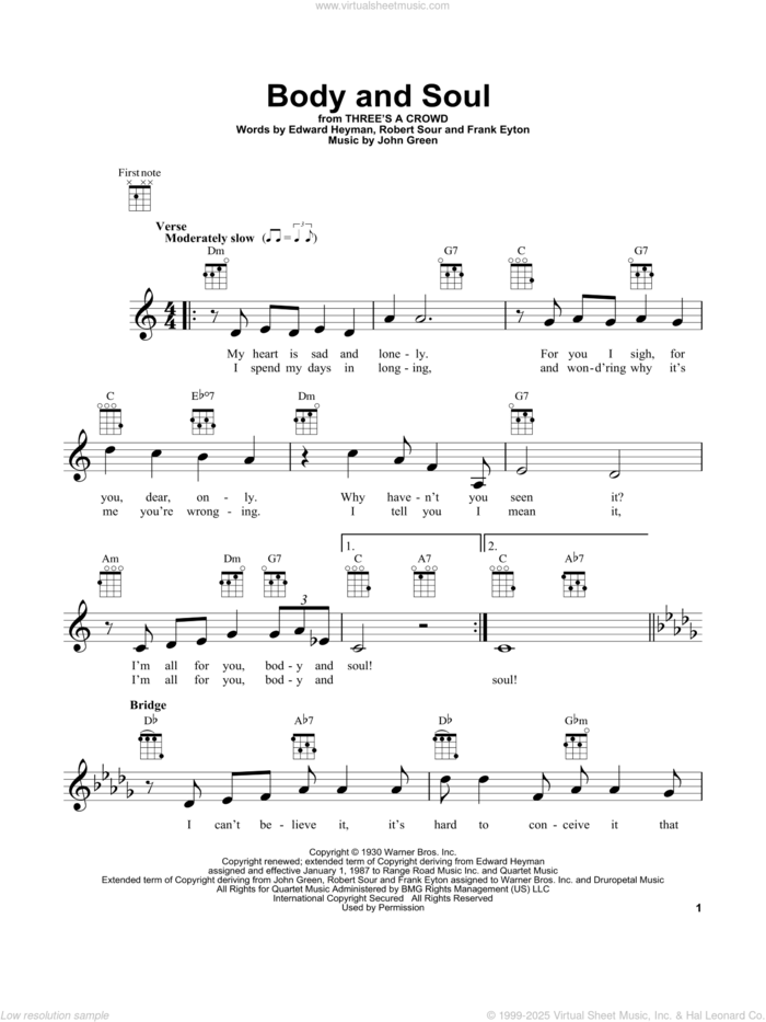 Body And Soul sheet music for ukulele by Edward Heyman, Frank Eyton, Johnny Green and Robert Sour, intermediate skill level