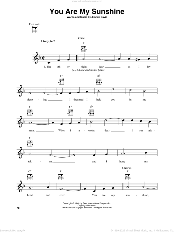 You Are My Sunshine sheet music for banjo solo (lyrics,chords) by Jimmie Davis, intermediate banjo (lyrics,chords)