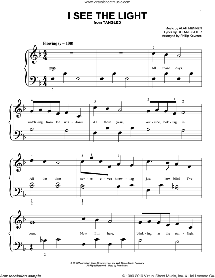I See The Light (from Tangled) (arr. Phillip Keveren) sheet music for piano solo (big note book) by Alan Menken, Phillip Keveren and Glenn Slater, easy piano (big note book)