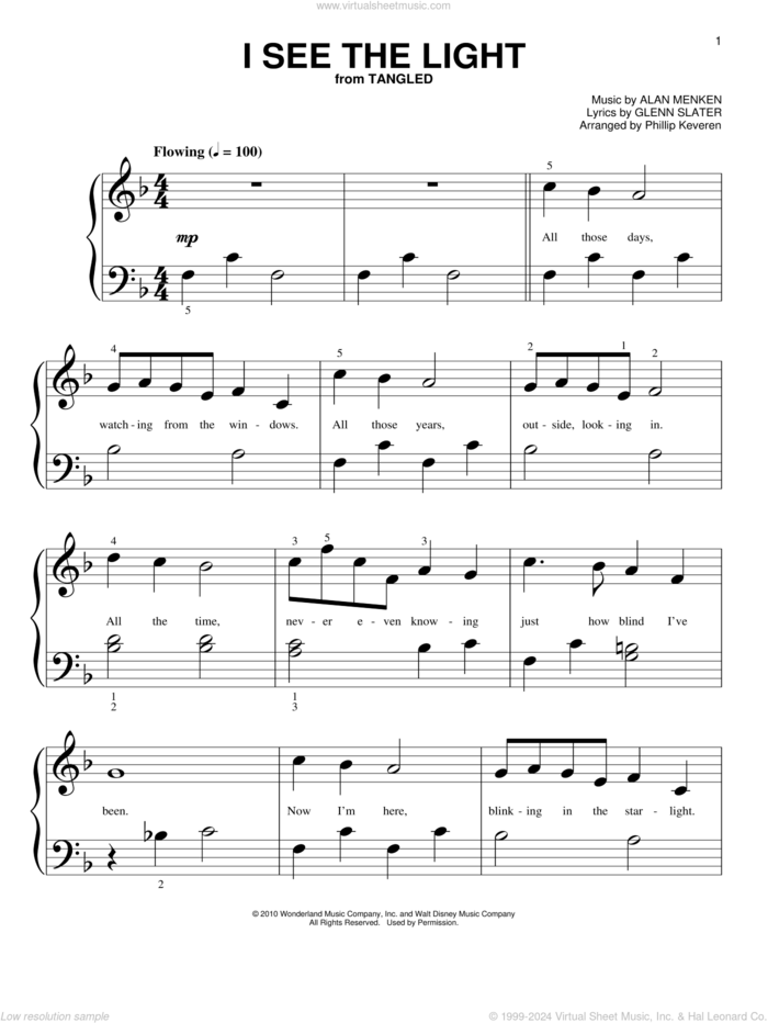 I See The Light (from Tangled) (arr. Phillip Keveren) sheet music for piano solo (big note book) by Alan Menken, Phillip Keveren and Glenn Slater, easy piano (big note book)