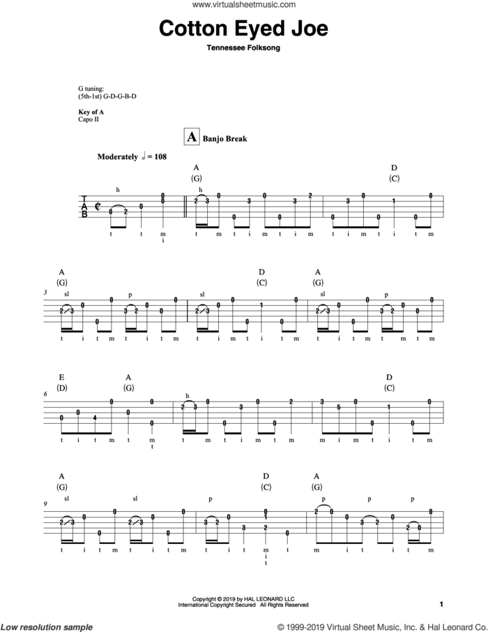 Cotton Eyed Joe sheet music for banjo solo, intermediate skill level