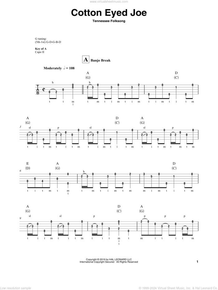 Cotton Eyed Joe sheet music for banjo solo, intermediate skill level