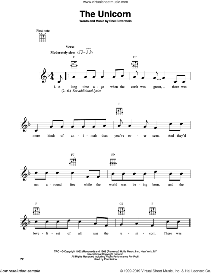 The Unicorn sheet music for banjo solo by Irish Rovers and Shel Silverstein, intermediate skill level