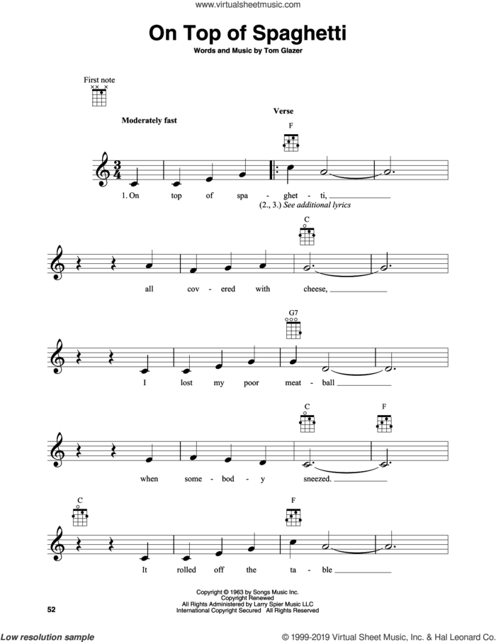On Top Of Spaghetti sheet music for banjo solo by Tom Glazer, intermediate skill level