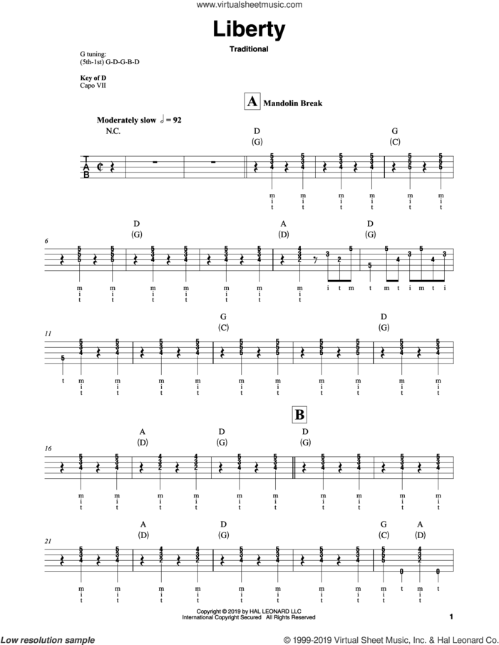 Liberty sheet music for banjo solo, intermediate skill level