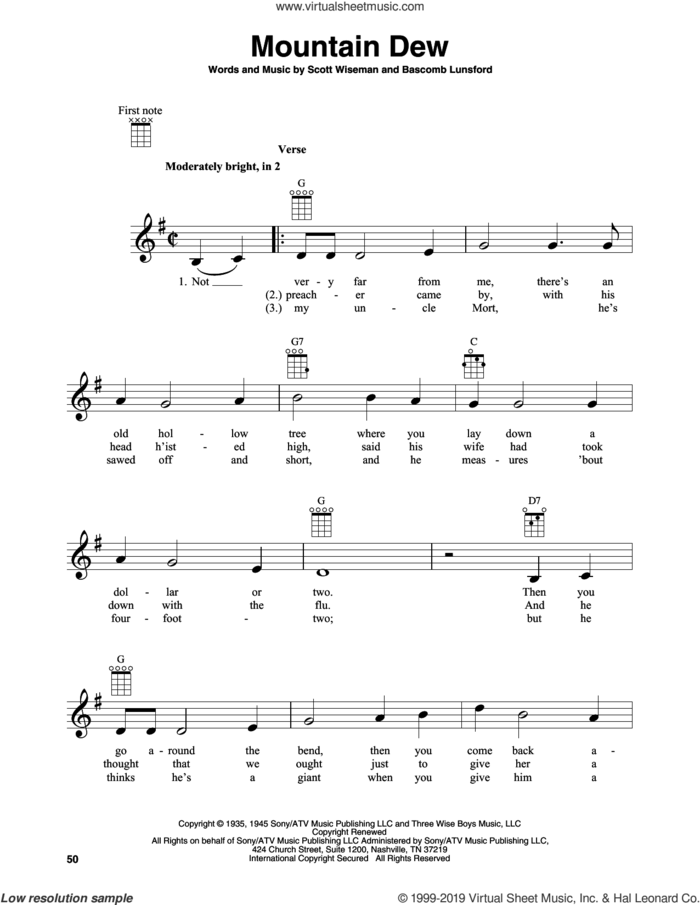 Mountain Dew sheet music for banjo solo by Scott Wiseman and Bascom Lunsford, intermediate skill level