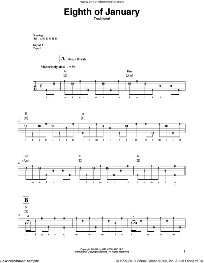 Eighth Of January sheet music for banjo solo, intermediate skill level