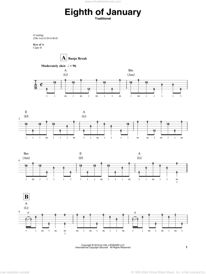 Eighth Of January sheet music for banjo solo, intermediate skill level