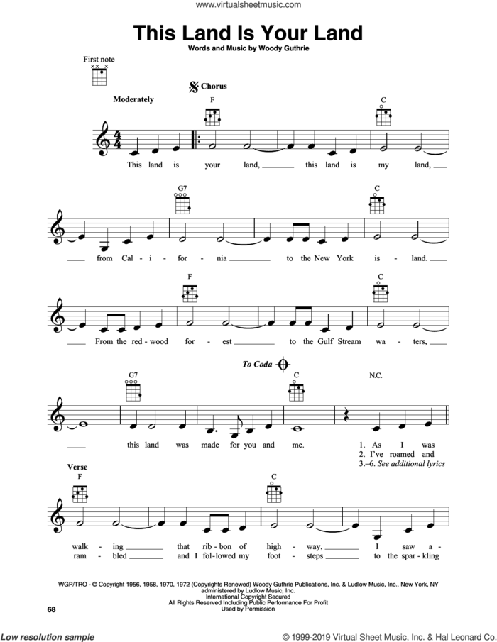 This Land Is Your Land sheet music for banjo solo by Woody Guthrie, intermediate skill level