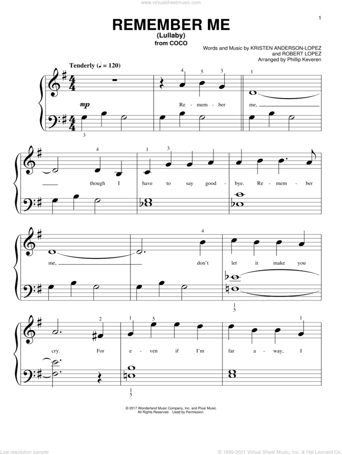 Remember Me (Lullaby) (from Coco) (arr. Phillip Keveren) sheet music for piano solo (big note book) by Robert Lopez, Phillip Keveren, Kristen Anderson-Lopez and Kristen Anderson-Lopez & Robert Lopez, easy piano (big note book)