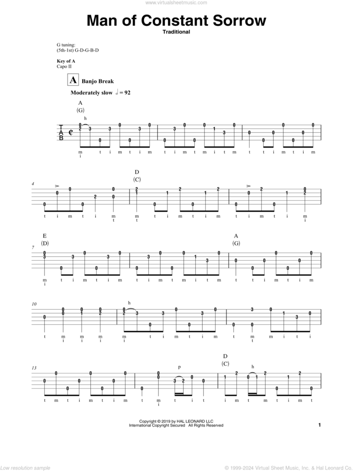 Man Of Constant Sorrow sheet music for banjo solo, intermediate skill level