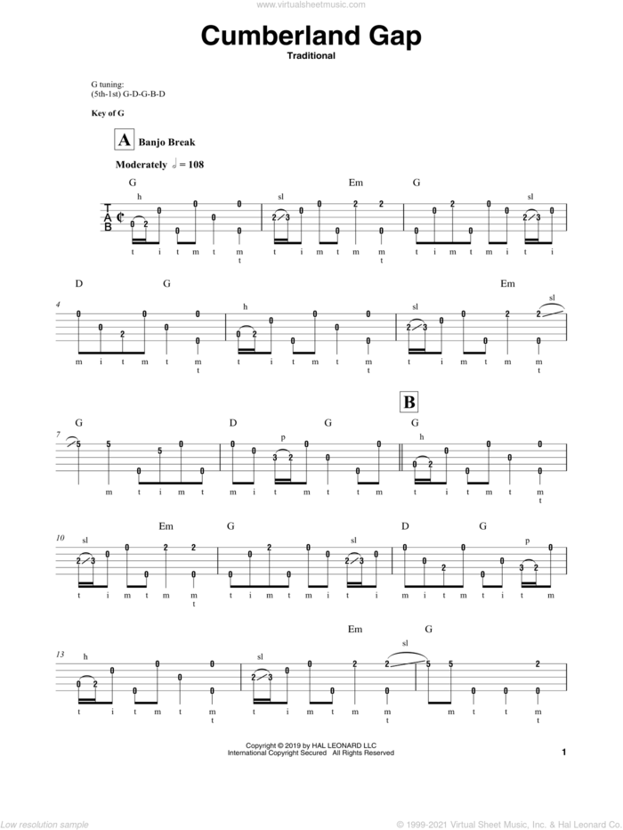 Cumberland Gap sheet music for banjo solo, intermediate skill level