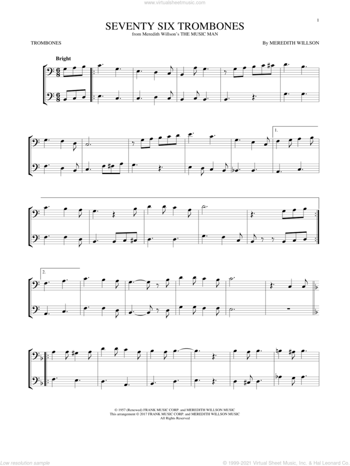 Seventy Six Trombones (from The Music Man) sheet music for two trombones (duet, duets) by Meredith Willson, intermediate skill level