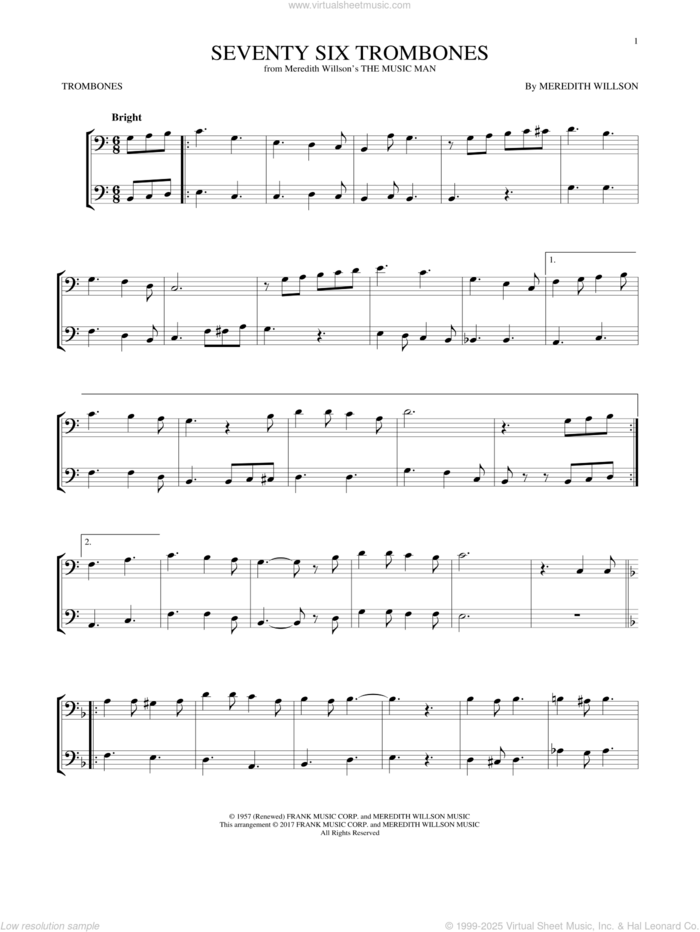 Seventy Six Trombones (from The Music Man) sheet music for two trombones (duet, duets) by Meredith Willson, intermediate skill level