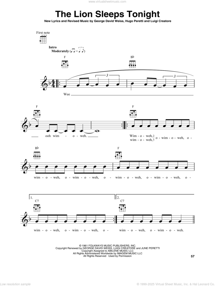 The Lion Sleeps Tonight sheet music for banjo solo (lyrics,chords) by Tokens, George David Weiss, Hugo Peretti and Luigi Creatore, intermediate banjo (lyrics,chords)
