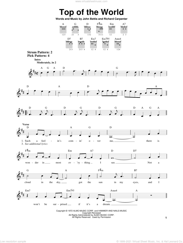 Top Of The World sheet music for guitar solo (chords) by Carpenters, John Bettis and Richard Carpenter, easy guitar (chords)