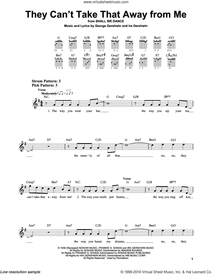 They Can't Take That Away From Me sheet music for guitar solo (chords) by Frank Sinatra, George Gershwin and Ira Gershwin, easy guitar (chords)