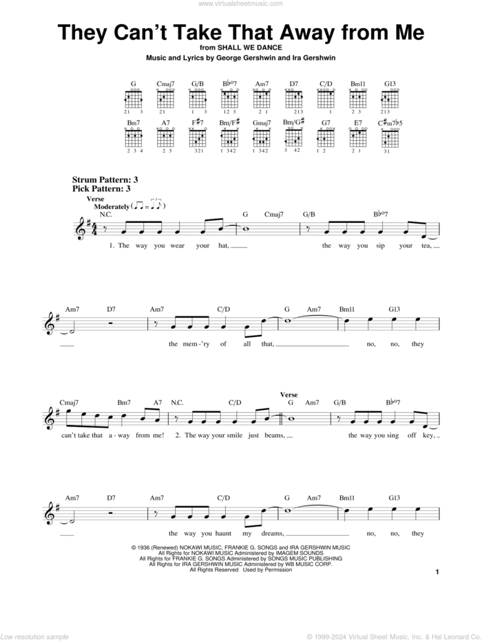 They Can't Take That Away From Me sheet music for guitar solo (chords) by Frank Sinatra, George Gershwin and Ira Gershwin, easy guitar (chords)