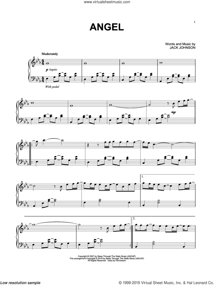 Angel sheet music for piano solo by Jack Johnson, intermediate skill level