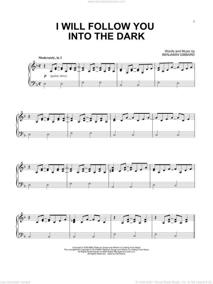 I Will Follow You Into The Dark sheet music for piano solo by Death Cab For Cutie and Benjamin Gibbard, intermediate skill level