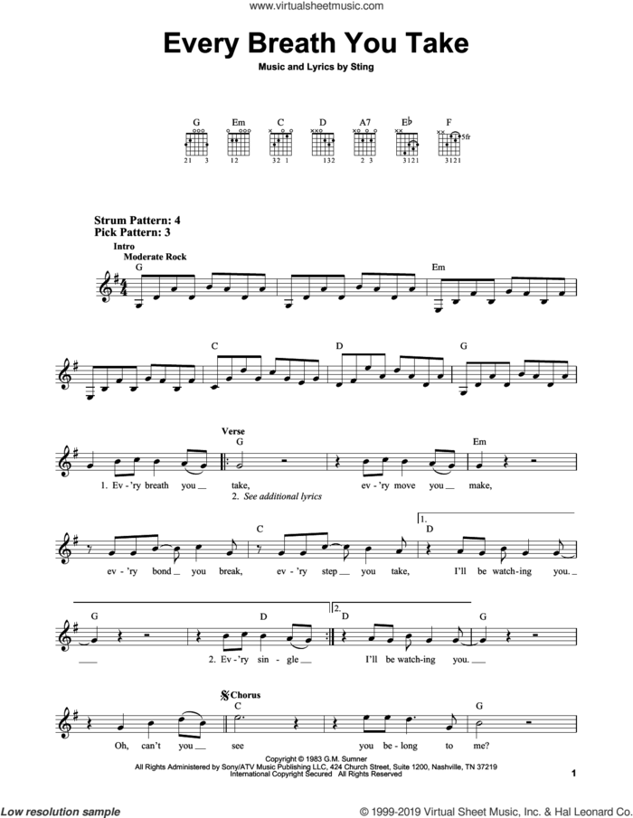 Every Breath You Take sheet music for guitar solo (chords) by The Police and Sting, easy guitar (chords)