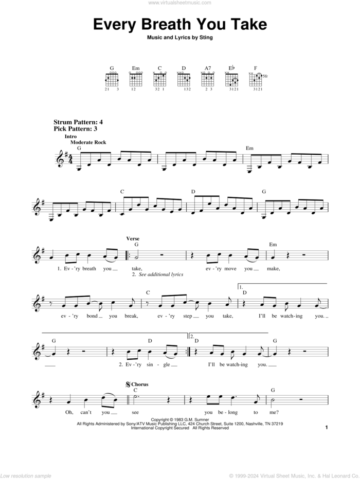 Every Breath You Take sheet music for guitar solo (chords) by The Police and Sting, easy guitar (chords)