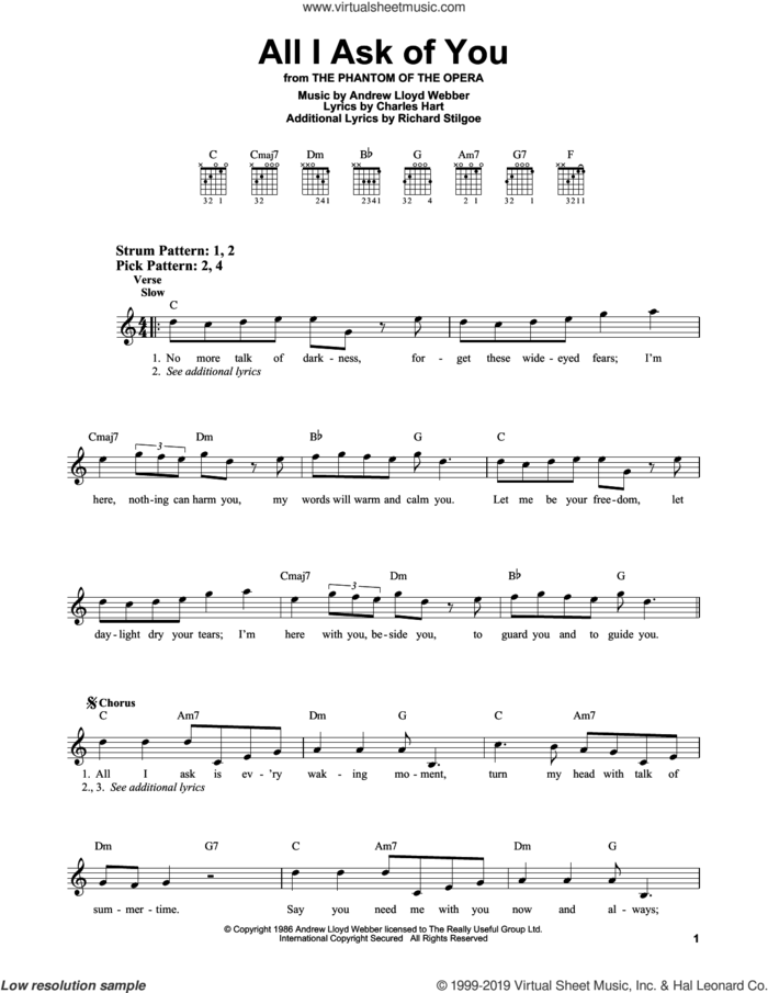 All I Ask Of You (from The Phantom Of The Opera) sheet music for guitar solo (chords) by Andrew Lloyd Webber, Charles Hart and Richard Stilgoe, wedding score, easy guitar (chords)