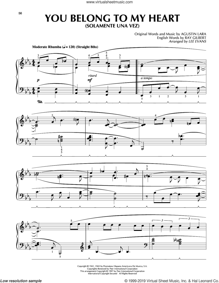 You Belong To My Heart (Solamente Una Vez) (arr. Lee Evans) sheet music for piano solo by Ray Gilbert, Lee Evans and Agustin Lara, intermediate skill level