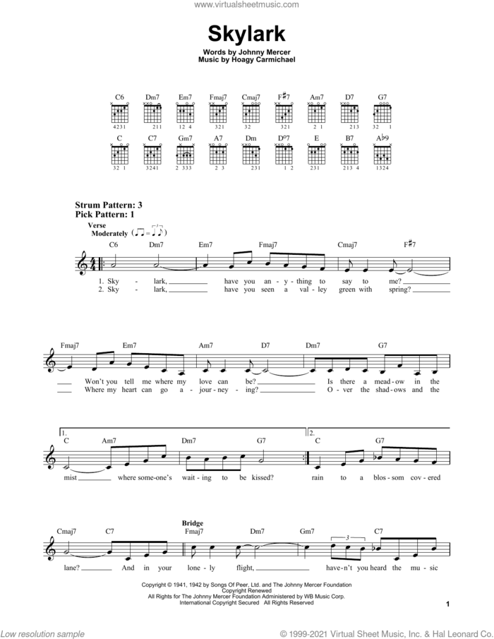Skylark sheet music for guitar solo (chords) by Hoagy Carmichael and Johnny Mercer, easy guitar (chords)