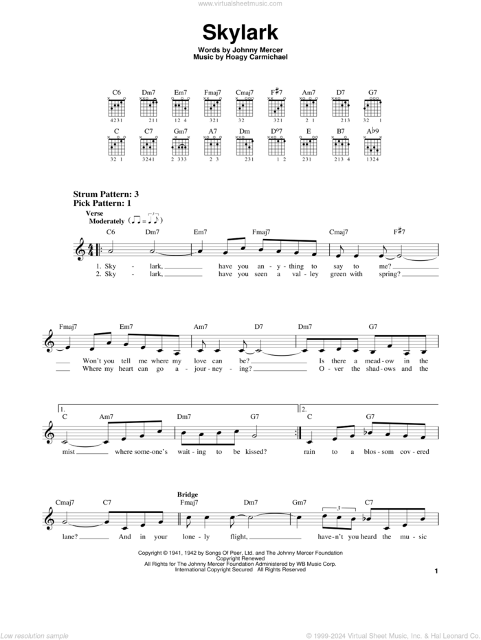 Skylark sheet music for guitar solo (chords) by Hoagy Carmichael and Johnny Mercer, easy guitar (chords)