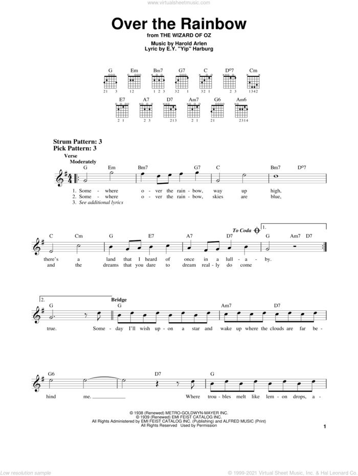 Over The Rainbow sheet music for guitar solo (chords) by Judy Garland, E.Y. Harburg and Harold Arlen, easy guitar (chords)