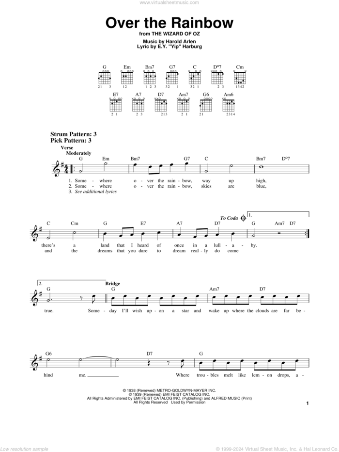 Over The Rainbow sheet music for guitar solo (chords) by Judy Garland, E.Y. Harburg and Harold Arlen, easy guitar (chords)