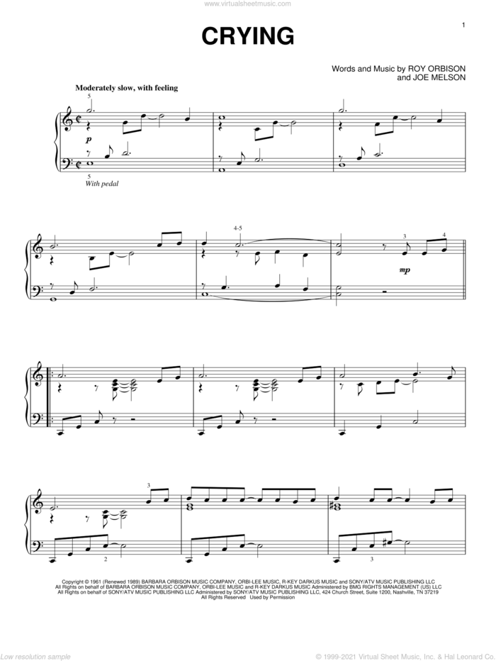 Crying, (intermediate) sheet music for piano solo by Roy Orbison and Joe Melson, intermediate skill level