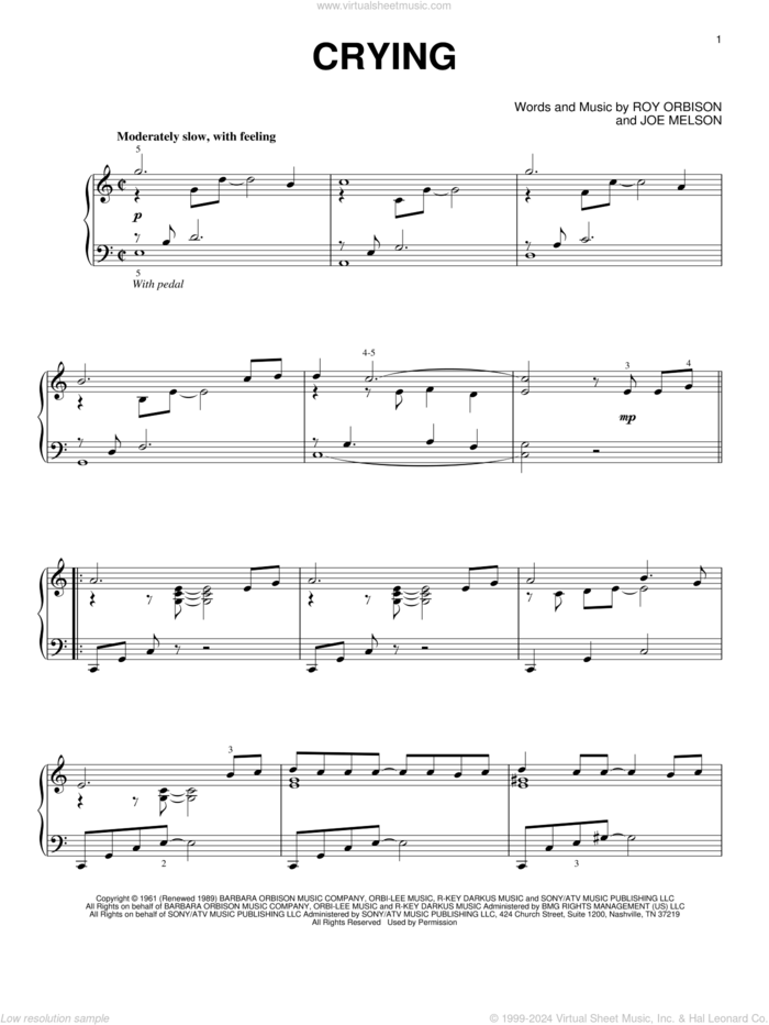 Crying, (intermediate) sheet music for piano solo by Roy Orbison and Joe Melson, intermediate skill level