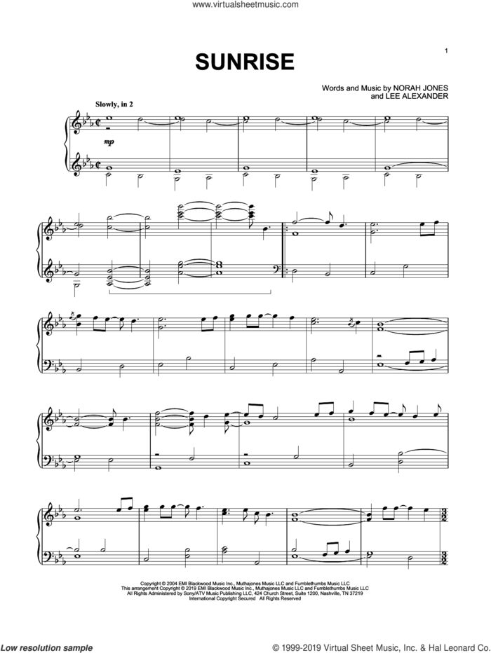 Sunrise, (intermediate) sheet music for piano solo by Norah Jones and Lee Alexander, intermediate skill level