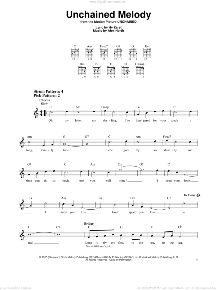 Unchained Melody, (easy) sheet music for guitar solo (chords) by The Righteous Brothers, Alex North and Hy Zaret, wedding score, easy guitar (chords)