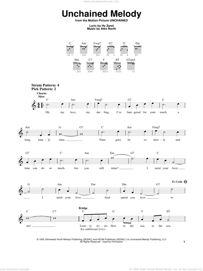 Unchained Melody, (easy) sheet music for guitar solo (chords) by The Righteous Brothers, Alex North and Hy Zaret, wedding score, easy guitar (chords)