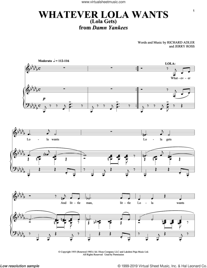 Whatever Lola Wants (Lola Gets) sheet music for voice and piano by Richard Adler and Jerry Ross, intermediate skill level