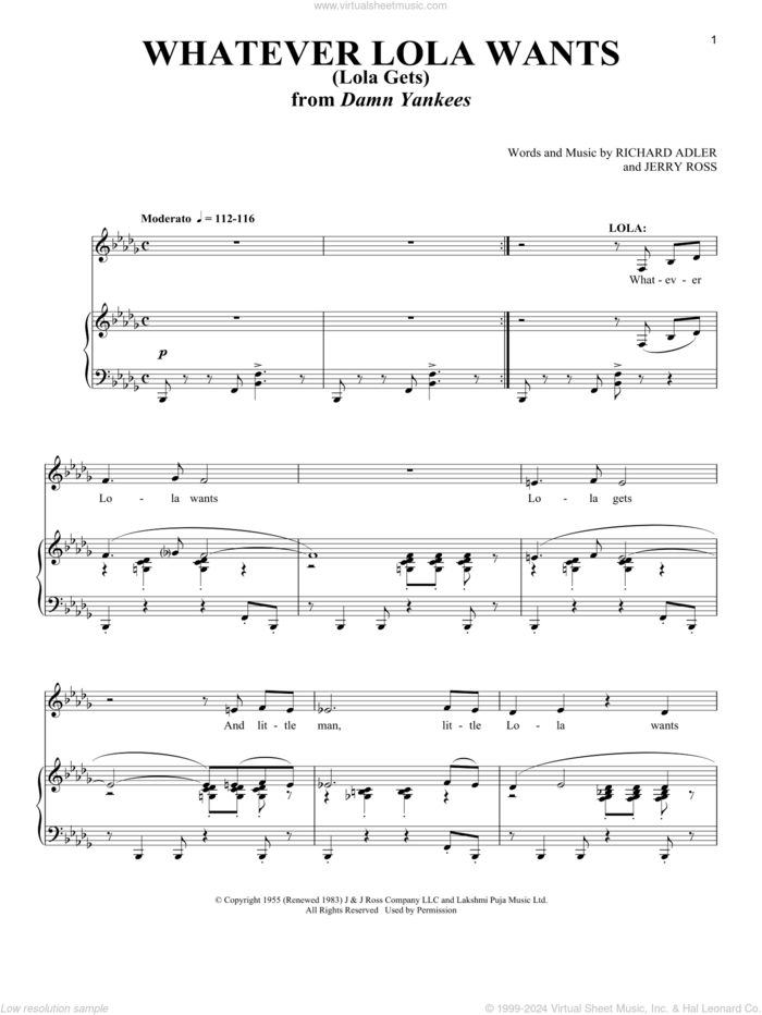 Whatever Lola Wants (Lola Gets) sheet music for voice and piano by Richard Adler and Jerry Ross, intermediate skill level